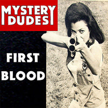 Cargar imagen en el visor de la galería, Vintage-style poster with a woman holding a gun and 'Mystery Dudes First Blood' text.