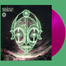 Load image into Gallery viewer, Vinyl record with a green and black cover featuring a stylized face design, on a pink disc.