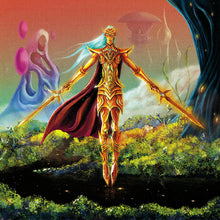Load image into Gallery viewer, Album artwork featuring a stylized, psychedelic illustration of a figure in armor with a sword, in an fantastical landscape with colorful trees and floating abstract shapes.