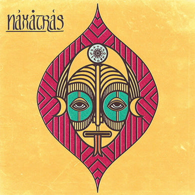 Album cover art for Naxatras featuring a stylized face with geometric patterns in red, blue, and yellow on a yellow background.