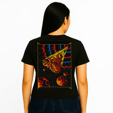Load image into Gallery viewer, Person wearing a black t-shirt with a colorful graphic design on the back