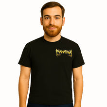 Load image into Gallery viewer, Man wearing a black t-shirt with yellow text on a white background