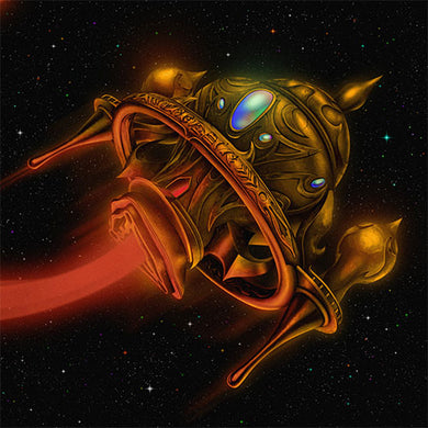 Decorative helmet with intricate designs and glowing eyes against a starry space background