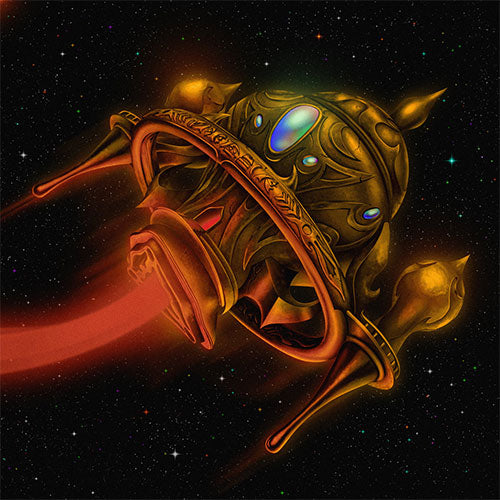 Decorative helmet with intricate designs and glowing eyes against a starry space background