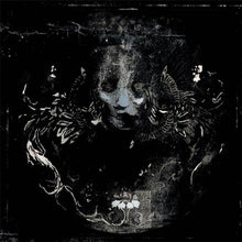 Load image into Gallery viewer, Black and white illustration of a ram&#39;s skull with floral elements on a dark background