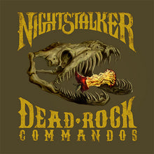 Load image into Gallery viewer, T-shirt design with a skeleton skull and 'Nightstalker Dead Rock Commandos' text on a brown background