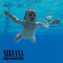 Cargar imagen en el visor de la galería, Album cover of Nirvana's 'Nevermind' with a baby underwater holding a dollar bill.