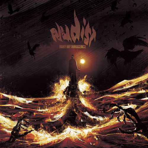 album cover for Nudist - Bury My Innocence shows a figure in a turbulent sea with skeletal hands coming out of the water and crows flying in the sky