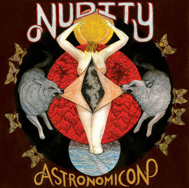 Artistic depiction of a nude figure with wolves and text 'Nudity' and 'Astronomicon' on a dark background.