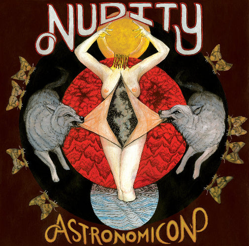 Artistic depiction of a nude figure with wolves and text 'Nudity' and 'Astronomicon' on a dark background.