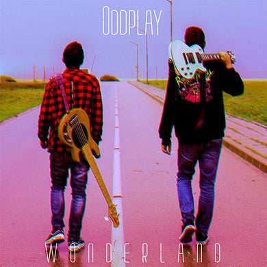 Two people with guitars walking on a road, album cover for 'Wonderland' by OdoPlay.