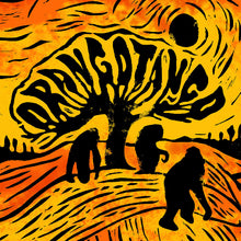 Load image into Gallery viewer, Artistic depiction of a tiger with stylized text and figures in silhouette against an orange and black background.