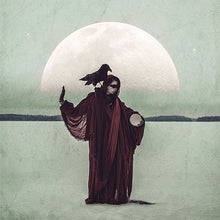 Charger l'image dans la galerie, Person in a long dark robe with a bird on their shoulder against a large moon and landscape.