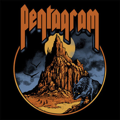 Pentagram logo with a mountain and wolf design on a black background