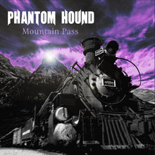 Cargar imagen en el visor de la galería, Vintage steam locomotive on a mountain pass with a purple and blue sky, featuring the title 'Phantom Hound Mountain Pass'.