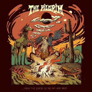 Album cover art for The Pilgrim featuring a colorful illustration with band members, animals, and a landscape.