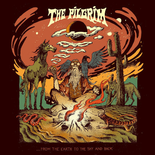 Album cover art for The Pilgrim featuring a colorful illustration with band members, animals, and a landscape.
