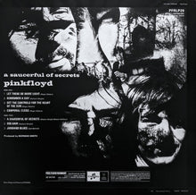 Cargar imagen en el visor de la galería, Back cover of Pink Floyd's 'A Saucerful of Secrets' album with black and white imagery and tracklist.