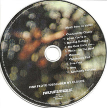Load image into Gallery viewer, CD disc of Pink Floyd's 'Obscured by Clouds' with tracklist and album cover art.