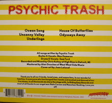 Charger l&#39;image dans la galerie, Back cover of a vinyl record with text and album title &#39;Psychic Trash&#39; on a yellow and beige striped background.