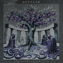 Charger l'image dans la galerie, Album cover art for Qlesaar's 'Stratorian Oracle', featuring a dark, gothic illustration of a stone circle with a central tree of life bearing purple flowers, hooded figures, and coiled purple serpents on a textured gray background.