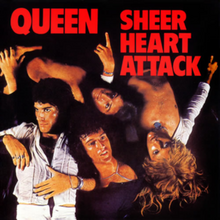 Cargar imagen en el visor de la galería, Album cover for Queen's 'Sheer Heart Attack' featuring a photograph of the band Queen with a black and red design.
