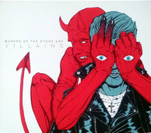 Load image into Gallery viewer, Illustration of a red-skinned figure with horns and a tail, covering a blue-skinned figure's eyes, with 'Queens of the Stone Age' and 'Villains' text.