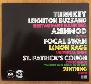 Electric Octopus - St. Patrick's Cough back vinyl record cover with white text listing band names on a wooden surface