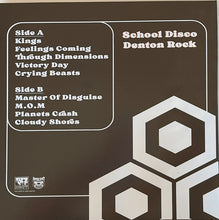 Load image into Gallery viewer, School Disco - Denton Rock back album cover with tracklist and geometric design on a brown background