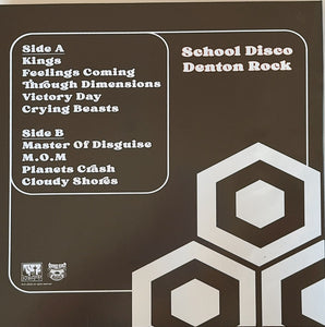 School Disco - Denton Rock back album cover with tracklist and geometric design on a brown background
