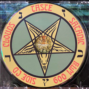 Compact Disc with pentagram design and text on a clear background
