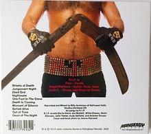 Load image into Gallery viewer, Person holding a weapon with album tracklist and credits on a white background