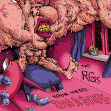 Charger l'image dans la galerie, CD cover art featuring a cartoonish character with sweaty skin, yellow teeth, and the text 'RG's - YOUR HEAD ON A STICK' in a vibrant pink room.