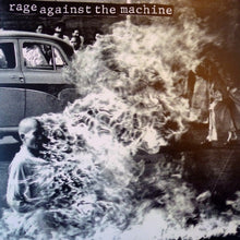 Cargar imagen en el visor de la galería, Album cover for &#39;Rage Against the Machine&#39; with a black and white photo of a burning car and people.