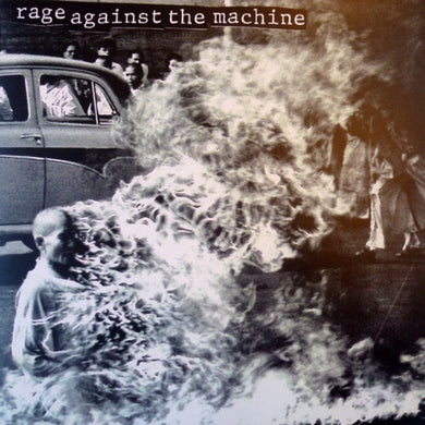 Album cover for 'Rage Against the Machine' with a black and white photo of a burning car and people.