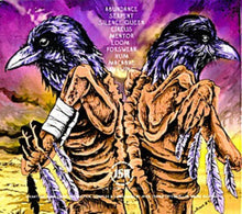 Load image into Gallery viewer, Skeletal figure with crow heads against a colorful background