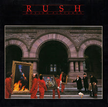 Load image into Gallery viewer, Album cover of &#39;Moving Pictures&#39; by Rush featuring people in red suits with artworks.