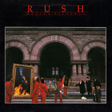 Album cover of 'Moving Pictures' by Rush featuring people in red suits with artworks.