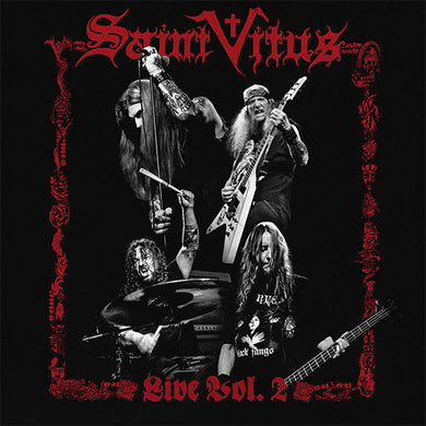 Album cover for 'Saint Vitus Live Vol. 2' featuring band members with red text and border.