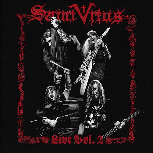 Album cover for 'Saint Vitus Live Vol. 2' featuring band members with red text and border.