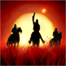 Load image into Gallery viewer, Silhouettes of three individuals on horses against a vibrant red and orange backdrop, resembling a sunset or sunrise scene.