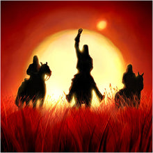 Charger l'image dans la galerie, Silhouettes of dogs in a field with a large sun in the background