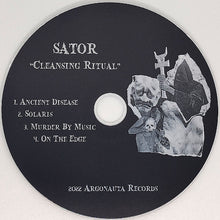 Load image into Gallery viewer, CD label for &#39;Sator Cleansing Ritual&#39; with album tracklist and cover art on a black background.