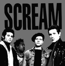 Load image into Gallery viewer, Black and white image of four people with the word 'SCREAM' above them on a gray background