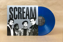 Load image into Gallery viewer, Vinyl record with blue disc and 'Scream' album cover featuring black and white images of four people on a beige background.