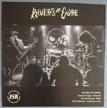 Cargar imagen en el visor de la galería, Black and white photo of a band performing on stage with 'Rivers of Gore' text at the top.