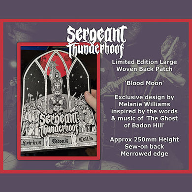 Sergeant Thunderhoof woven patch with detailed design and text on a purple background