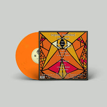 Load image into Gallery viewer, An orange translucent vinyl record partially pulled from its square jewel case, showing the back cover artwork for Sergeant Thunderhoof's 'Live on Earth' with a stained-glass-style geometric design in orange, yellow, pink, and black on a light gray background.