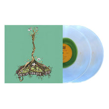 Load image into Gallery viewer, A transparent green vinyl record with a green center, housed in a gatefold sleeve featuring an illustration of a tree with roots and leaves.