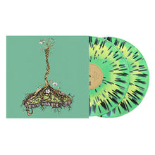 Load image into Gallery viewer, A transparent green vinyl record with a green center, housed in a gatefold sleeve featuring an illustration of a tree with roots and leaves.